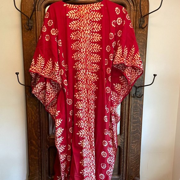 BATIK Red and White Bohemian Cinched Waist Long Maxi Caftan Dress - One Size - Picture 7 of 8